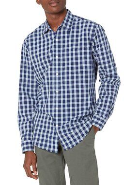 Men's Navy White Plaid 100% Cotton Imported Long-Sleeve Casual Poplin Shirt